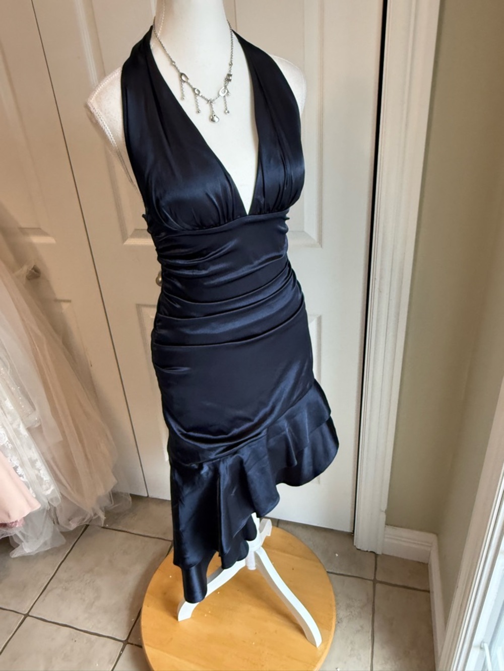 Morgan & Co. Navy Satin Halter Asymmetrical Ruffle Dress